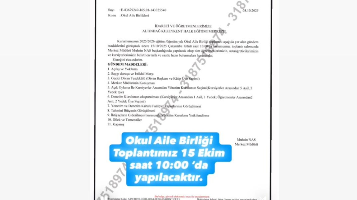 15 EKİM SALI GÜNÜ OKUL AİLE BİRLİĞİ TOPLANTISI YAPILACAKTIR.